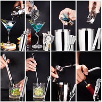 QZQ Outils de bar professionnels, support en bois, cadeau de voyage, kit de barman en acier inoxydable, accessoires de bar, doseur, shaker à cocktails
