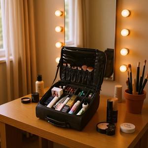 Estuche de Maquillaje Profesional Obox, Caja de Almacenamiento de Cosméticos de Gran Capacidad con Capa Extensible, Apertura con Cremallera, Tela Oxford Negra - Product Image 2