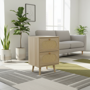 Table de chevet en rotin couleur chêne à <span class=keywords><strong>2</strong></span> tiroirs, table de chambre en bois, table d'appoint pour appartement, salon, décoration moderne pour la maison - Product Image 3