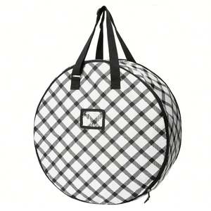Sac de rangement pour couronne de Noël en Oxford robuste avec fermeture éclair et poignées, design pliable à carreaux de buffle rond, contenants de rangement pour couronnes - Product Image 2