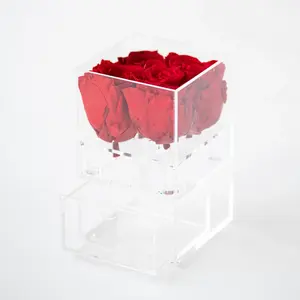 Şeffaf kapaklı lüks 4 korunmuş güller lucite çiçek kutusu akrilik gül kutusu çekmece ile