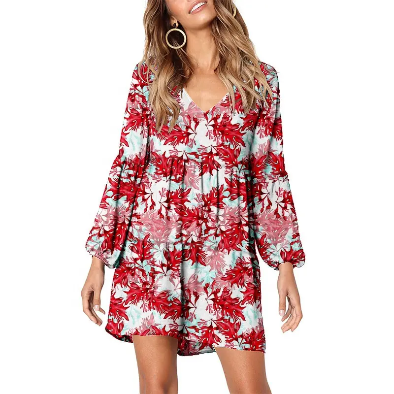 Women Summer Tunic Dress V Neck Casual Loose Flowy Swing Shift Dresses