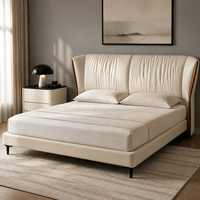 Anpassbare Größe Modernes Luxuriöses Echtleder-Kingsize-Bettgestell mit Hohem Kopfteil Weich Gepolstertes Bett Beige