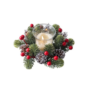 Nouvelle couronne de Noël décorative avec aiguilles de pin artificielles, cônes de pin, fruits rouges et porte-bougie - Matière plastique - Product Image 5