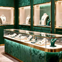 Vitrine à bijoux en velours vert de luxe avec finition dorée - Vitrine haut de gamme pour bijouterie