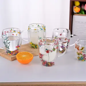 Fabricants OEM/ODM tasse à café en verre à double paroi personnalisée de 350ml à fleurs sèches