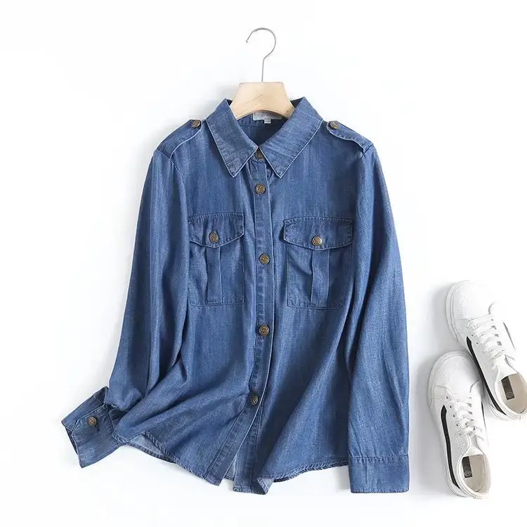 Spring Hot Sale Women Fashion Blue Color Denim Long Sleeve Shirt