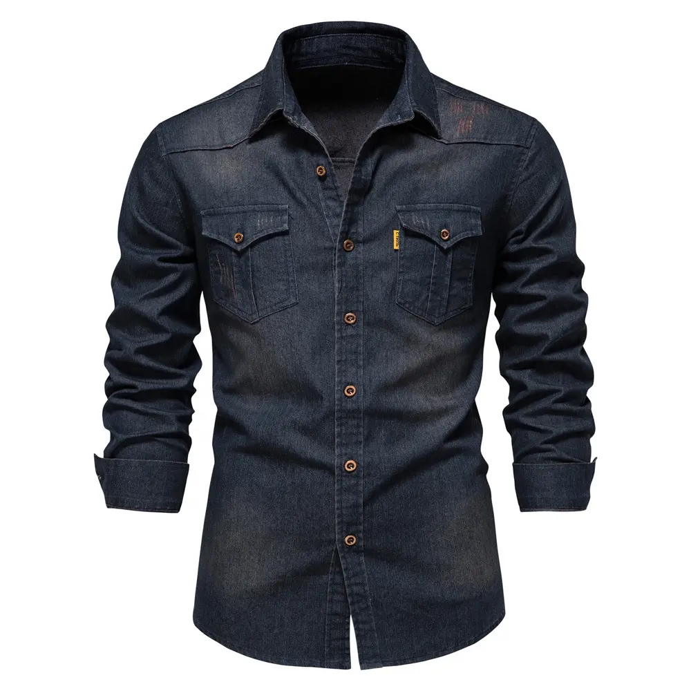 Blue high-grade denim high-quality gentleman shirt long sleeve men's solid color business Denim Long Sleeve Shirt