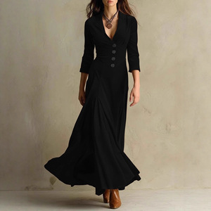 Dropshipping Shopify Plus Size Womens Button Down Lapel Collar Long Sleeve High Waist Flared Maxi Dress Solid Color - Product Image 3