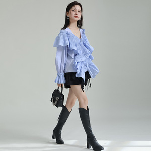 2023 Spring Fashion Women's Blouses &amp; <strong>Shirts</strong> Cute <strong>Frilly</strong> Ruffled V-neck Loose Bell Sleeves Long-sleeved Blouse - Product Image 5