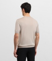 T-shirt en maille fine pour homme printemps-été, beige, coton, manches courtes, col rond, bord roulé, pull, vente en gros, OEM