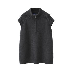 Gilet tricoté tendance demi-zip gris foncé grande taille pour femme en fibre acrylique couleur unie avec étiquette N9282 - Product Image 1