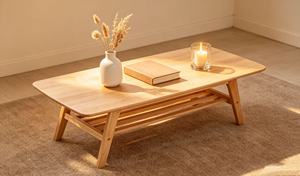 Table basse moderne en bois massif avec étagère de rangement, mobilier de salon scandinave, design minimaliste, table d'appoint basse - Product Image 2