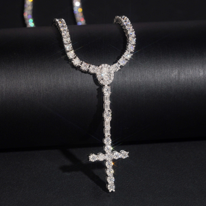 Collana a Y con ciondolo a croce religiosa Hip Hop Iced Out, con diamanti, a forma di <span class=keywords><strong>rosario</strong></span>, catena tennis <span class=keywords><strong>da</strong></span> 3 mm, per <span class=keywords><strong>uomo</strong></span> - Product Image 5