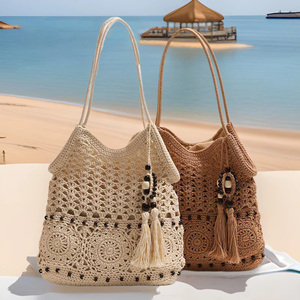 Bohème fait à la main coton Crochet <span class=keywords><strong>sac</strong></span> <span class=keywords><strong>Beige</strong></span> marron gland décoration été plage vacances Shopping épaule Crochet <span class=keywords><strong>sac</strong></span> pour les femmes - Product Image 4