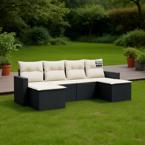 Ensemble de canapés de jardin noir et crème en rotin PE, mobilier d'extérieur, coussins imperméables, design contemporain - Product Image 2