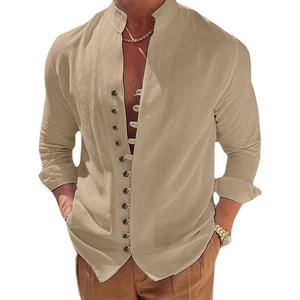 Chemise décontractée à manches longues pour homme, col mandarin gris, couleur unie, tissu popeline, manches longues, style été - Product Image 3