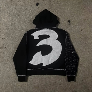 Felpe <span class=keywords><strong>con</strong></span> Cappuccio <span class=keywords><strong>Oversize</strong></span> in Cotone Nero Personalizzate, Cuciture a Contrasto, Ricami <span class=keywords><strong>con</strong></span> Strass, Unisex, Lavaggio Acido, <span class=keywords><strong>con</strong></span> <span class=keywords><strong>Zip</strong></span> - Product Image 2
