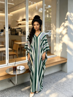 Robe Abaya de Soirée Ample à Manches Chauve-Souris Rayées Contrastées avec Foulard, Kaftan Long Musulman Tendance pour la Vente en Gros