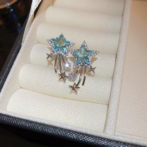 S925 New Zircon Five-pointed Sparkle Star Pendientes Delicado Diseño de temperatura de moda Blue Cubic Venta al por mayor Mujeres - Product Image 4