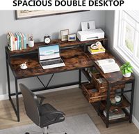Bureau d'angle en forme de L réversible en bois et métal rustique moderne pour petit bureau à domicile caractéristique convertible