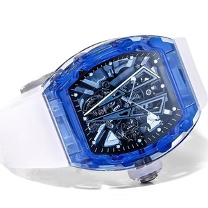 Montre mécanique avant-gardiste en cristal bleu, boîtier tonneau, design squelette tourbillon, automatique, sport, mode, bracelet blanc - Product Image 1