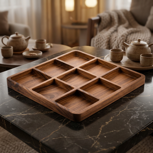 Bandeja de Servir de Madera de Acacia Hecha a Mano con Borde Festoneado y 9 Compartimentos, Organizador Cuadrado Grande para Mesa - Product Image 2