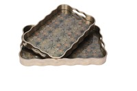 Plateaux de service modernes rectangulaires à cadre ondulé avec poignée, motif personnalisé antique, en verre et PP, pour la décoration intérieure