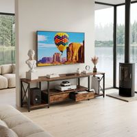 Meuble TV moderne pour salon, centre de divertissement avec 2 tiroirs, étagères de rangement ouvertes et design panneau