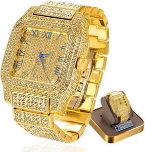 Reloj de Cristal con Diamantes Moissanite y Oro Amarillo para Hombre, Lujoso, Resistente al Agua 100 Bar, con Números Romanos, Esfera Cuadrada, Caja de Regalo - Product Image 2