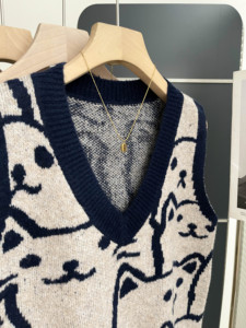 Gilet en tricot pour femme, motif chat de dessin animé mignon, col en V, sans manches, ample, décontracté, pour superposition, OEM ODM - Product Image 5