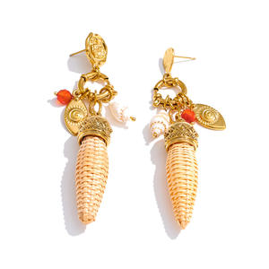 Boucles <span class=keywords><strong>d</strong></span>'oreilles pendantes JINYOU 2078 au design unique, en acier inoxydable, avec breloque œil de coquillage et motif bambou tressé, idéales pour un cadeau - Product Image 1