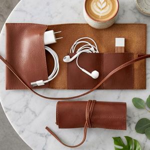 Quick Shipping Travel Cable Storage <b>Roll</b> PU <b>Leather</b> <b>Tool</b> Organizer Bag for Charger Headphones Data Cable - Product Image 1