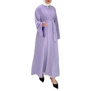세련된 단색 패션 단색 플레어 슬리브 가디건 이슬람 여성을위한 진주 스티치 드레스