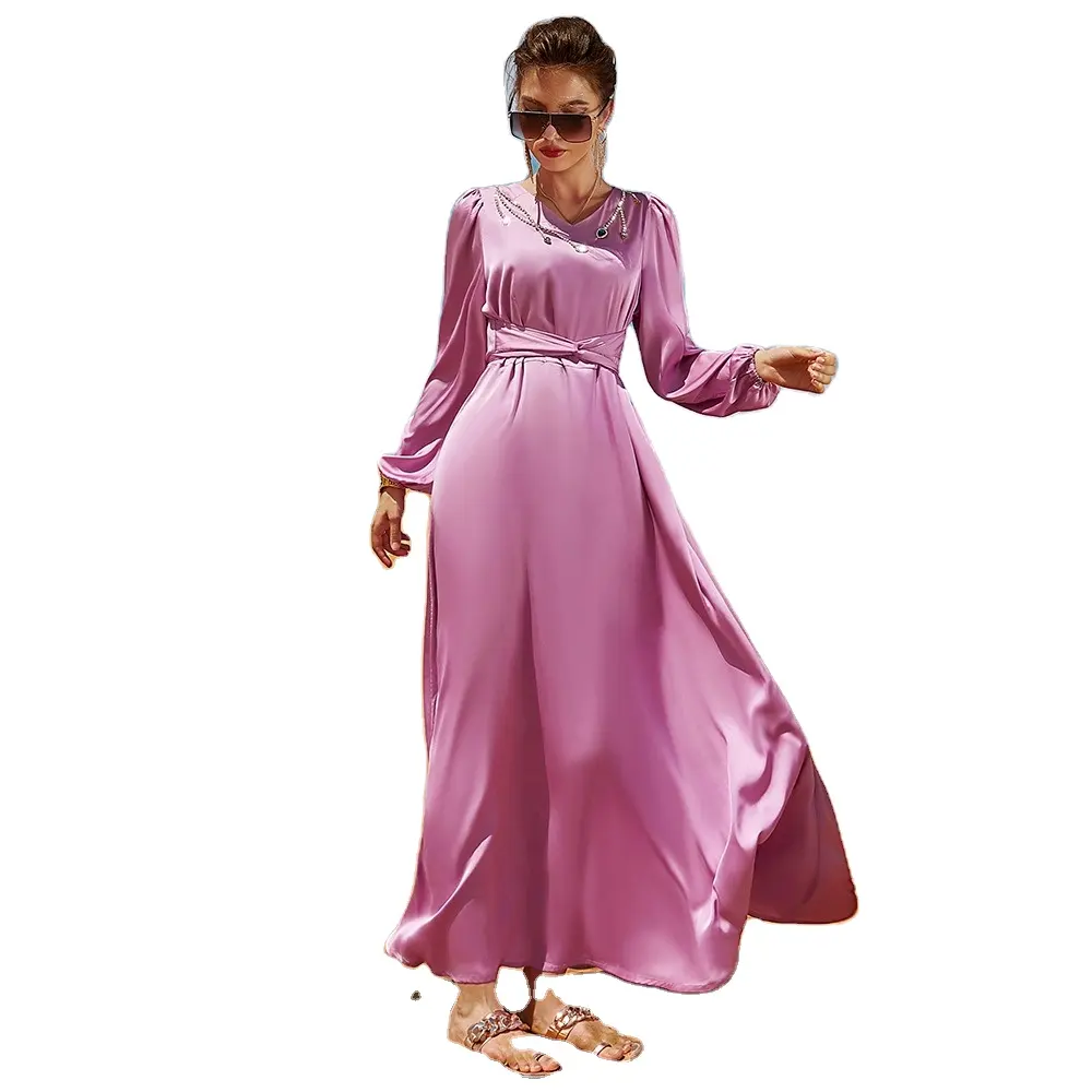 SH0087 V pescoço artesanal 2023 novo estilo muçulmano abaya partido árabe elegante cor sólida vestido Dubai mulheres senhora roupão rosa