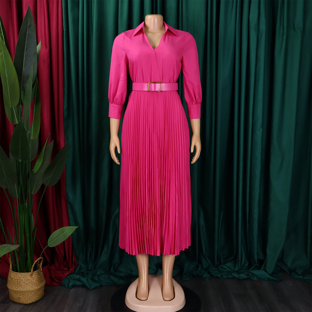 Women's 2025 Vintage Pleated Solid Color Dress Long Sleeved High Waisted Lapel Tassel Decoration Breathable for Autumn Season
