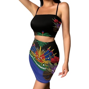 Ensemble jupe et haut court assorti grande <span class=keywords><strong>taille</strong></span>, respirant, en poly-spandex, vêtements avec drapeau haïtien et broderie tropicale - Product Image 3