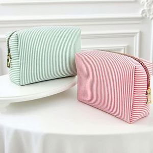 Eco-Friendly Seersucker Striped Makeup Bag Custom Large Capacity <b>Storage</b> Cute Women Cosmetic Organizer Pouch Zipper Travel - Product Image 3
