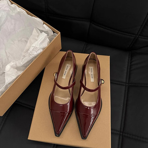 Zapatos de cuero con punta en pico - nuevo estilo de primavera con tacones gruesos y altos. Zapatos Mary Jane de estilo francés retro. - Product Image 4