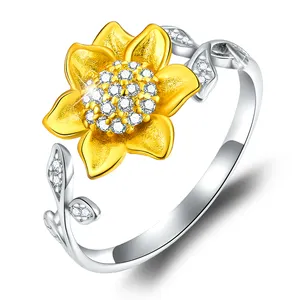 Joyería de moda brillante 5A Zirconia diamante girasol anillos ajustables Plata de Ley 925 para mujeres regalo de lujo