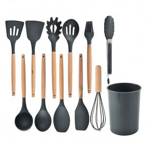 Eco-Friendly 12-Piece FDA <b>Silicone</b> Non-Stick Cooking Spatula & <b>Baking</b> Set with Wooden Handle Kitchen Utensils Storage Bucket - Product Image 1