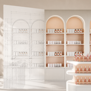 Étagères murales en métal sur mesure, comptoirs de maquillage en MDF de qualité supérieure, design en arc, meubles de magasin de beauté rétroéclairés - Product Image 4