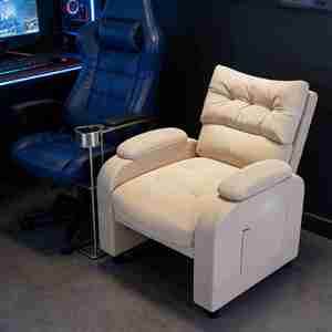 Fauteuil simple en tissu blanc lait, fauteuil <span class=keywords><strong>de</strong></span> bureau avec poches latérales et table d'appoint, fauteuil décontracté pour salon et chambre à coucher - Product Image 4