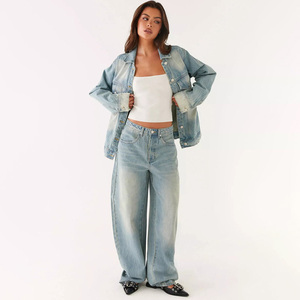 Low Price High Quality Women's Denim Casual Shirt Acid Wash Faded Vintage Jeans Set - Product Image 3