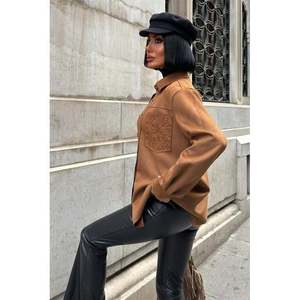 Chemise en daim tabac pour femme, décontractée, avec broderie, poche et boutons, pour tous les jours - Product Image 6