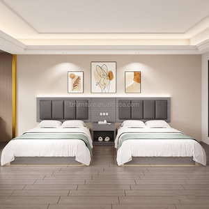 Single Twin Bedroom Furniture Set Wooden <b>Platform</b> <b>Bed</b> <b>Frame</b> With Nightstands Mattress And Upholstered Headboard For 3 Star Hotel - Product Image 1