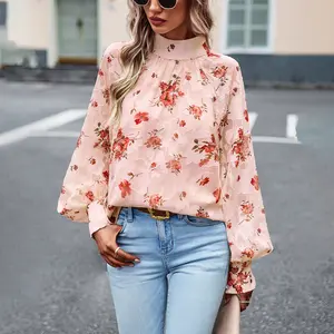 Fall 2023 women clothes puff sleeves blouse tops women blouse top flower pattern