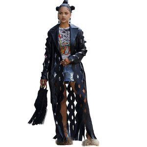 Manteaux longs unis pour femme, coupe ajustée, en laine et soie, style vintage, à manches régulières, avec détails ajourés en fourrure de lapin, collection Automne 2024 - Product Image 1