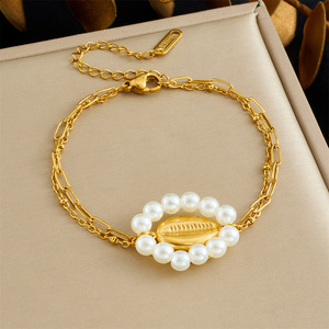 SL211 Pulsera de Acero Inoxidable con Eslabones Ovalados Ajustables, Chapada en Oro de 18K, con Dijes de Concha y Nudo de Perlas Vintage, para Mujer, Moda de Nicho - Product Image 4