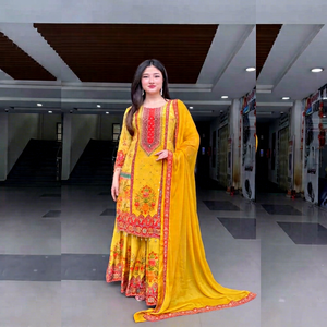 Ensemble Salwar Premium pour Femme en Spandex/Coton, Imprimé Numérique, Broderie Main Effet Miroir, Kurta, Palazzo et Dupatta en Faux Georgette - Product Image 1